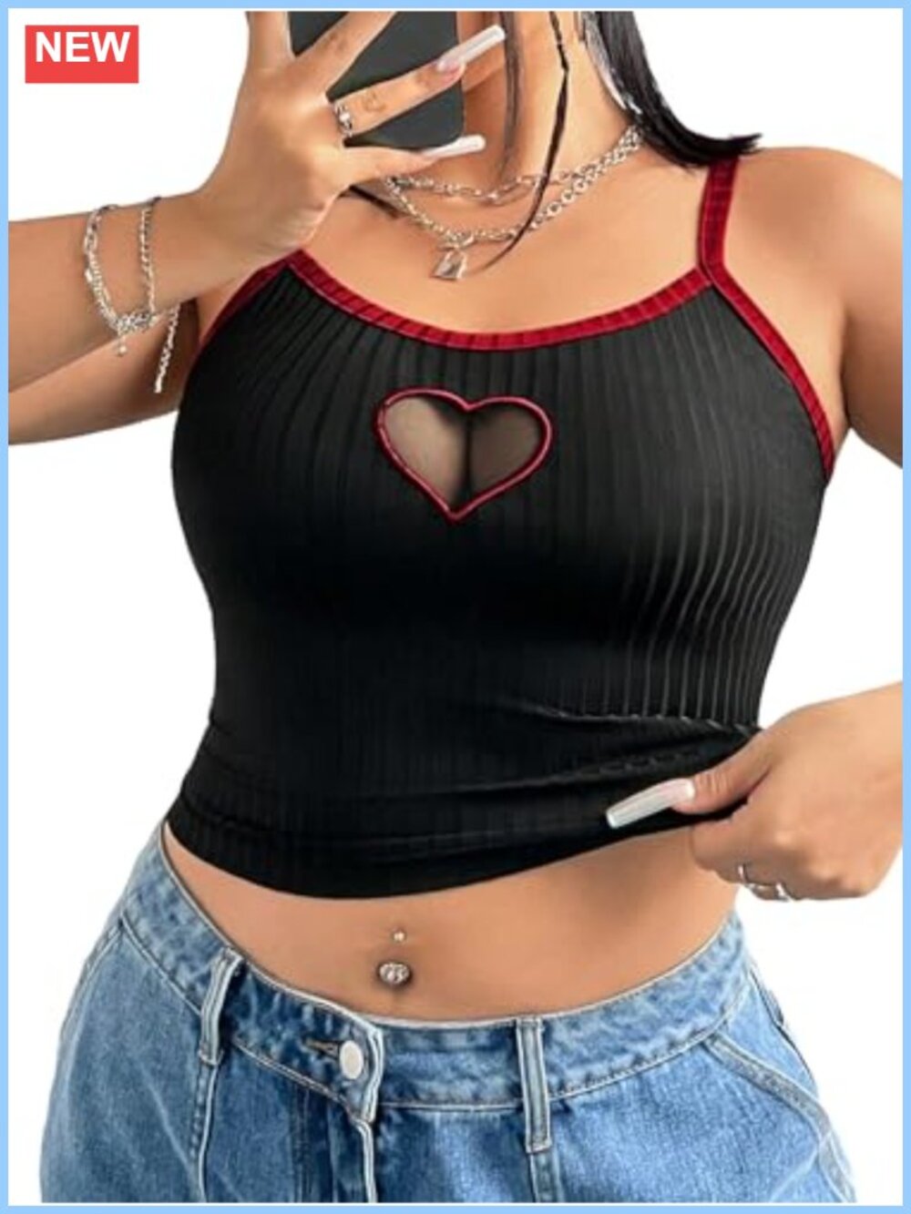 Plus Size Contrast Mesh Cut Out Cami Crop Top Slim Fit Sleeveless